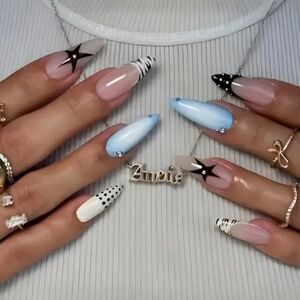 24 Pcs Elegant Nail Art Set with Blue and Black Accents BUY ONE GET ONE FREE